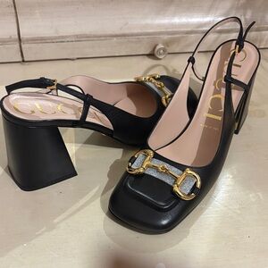 Gucci Black Slingback Heels with Gold Buckles